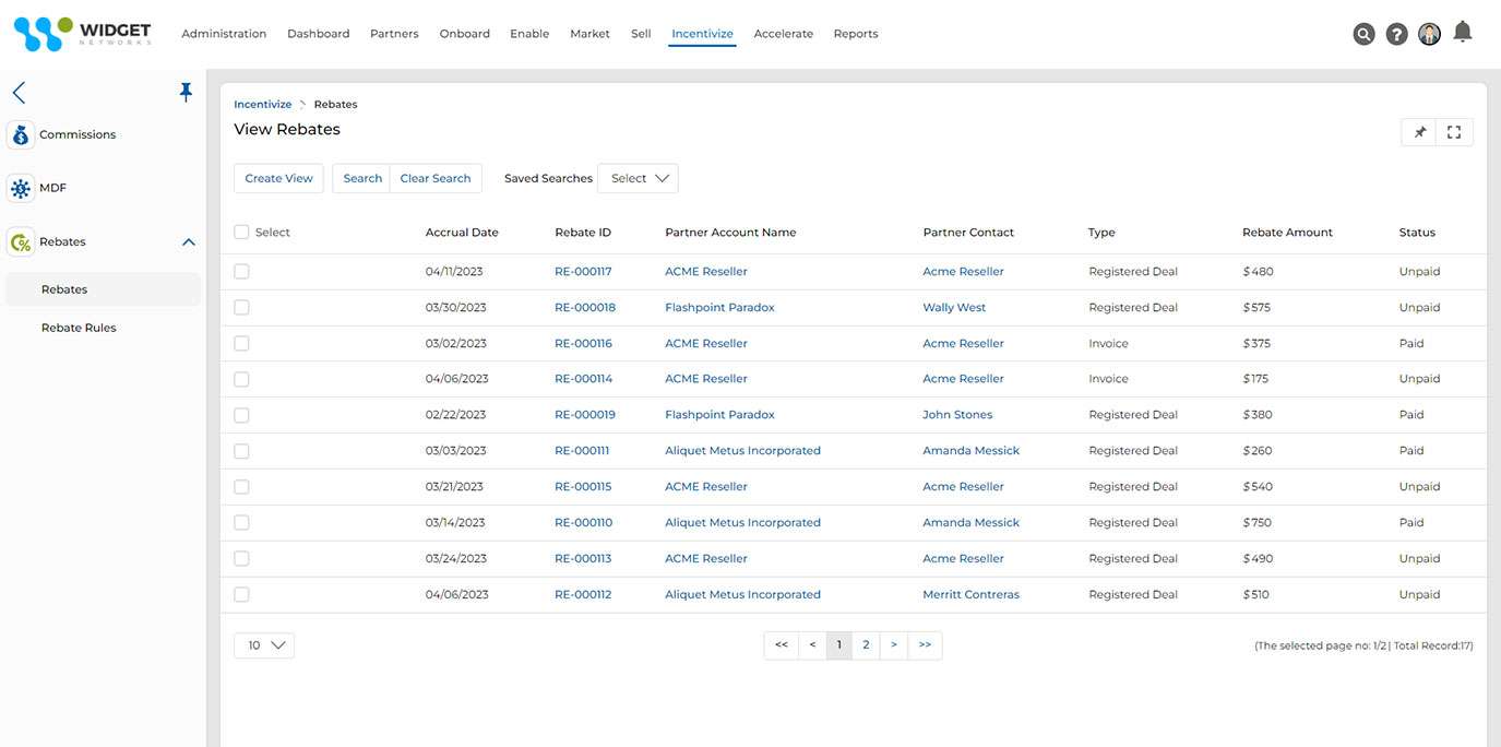 Rebates Management View Rebates