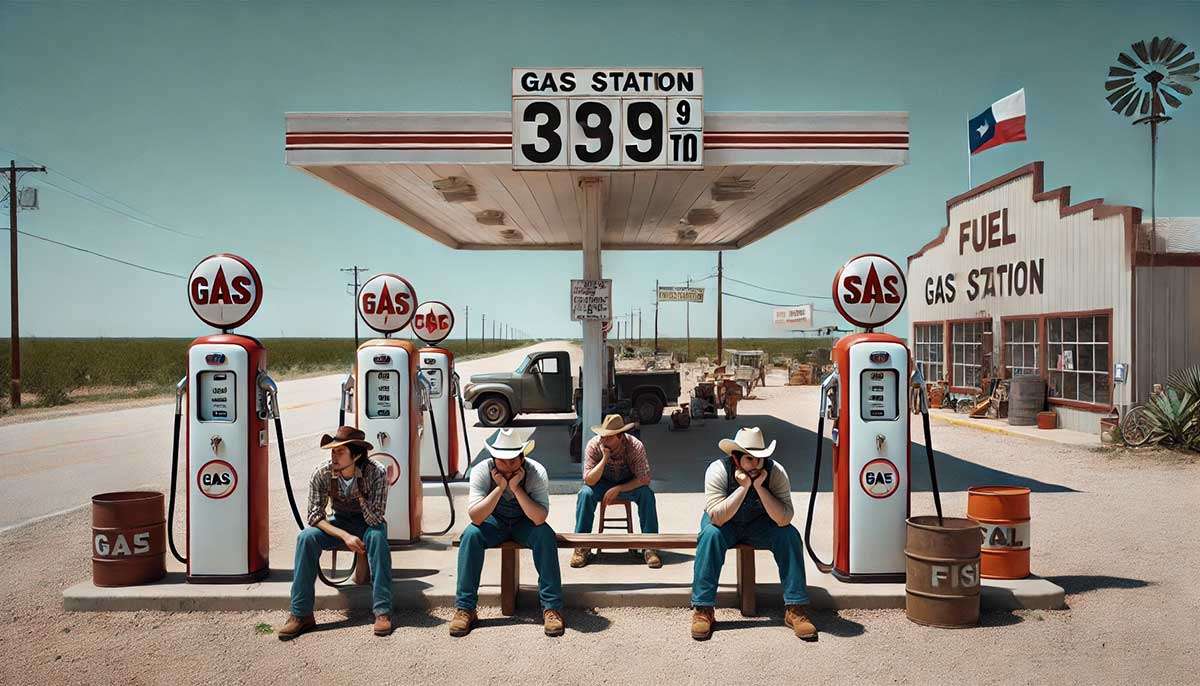 Automotive Ecosystem: Rendition of an empty gas station with the workers sitting idle.