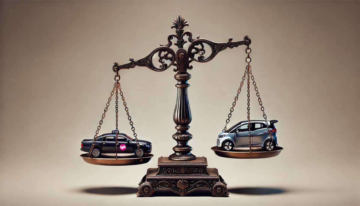 AI generated image of an old fashioned scale with an autonomous EV car and a rideshare car affecting the automotive ecosystem.