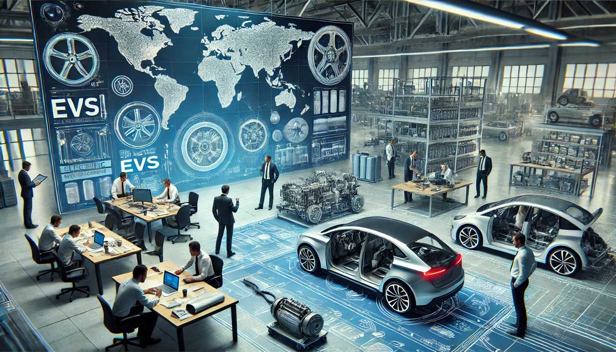 An illustration of the challenges of transitioning from internal combustion engine vehicles to electric vehicles in the automotive partner ecosystem, focusing on an automotive design studio.