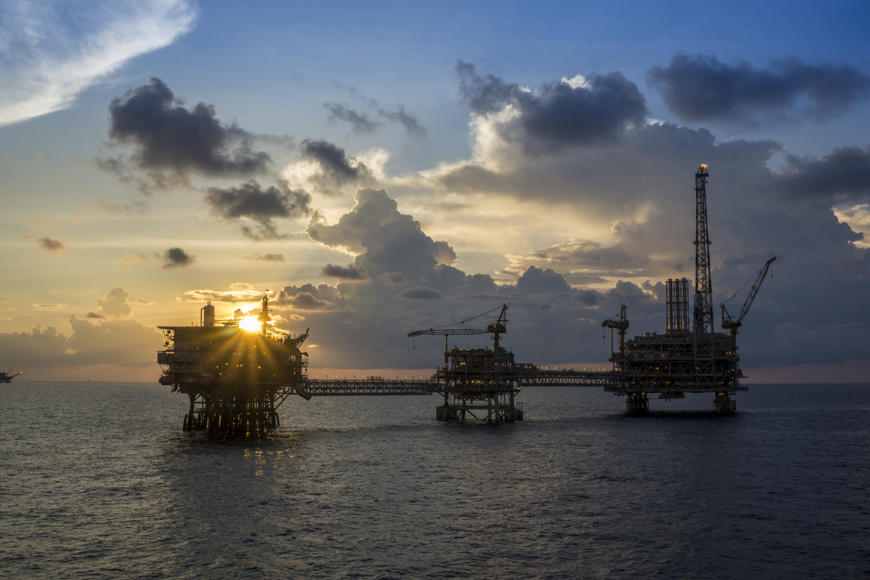 Oil rigs or oil and gas production platforms in the South China Sea, Malaysia