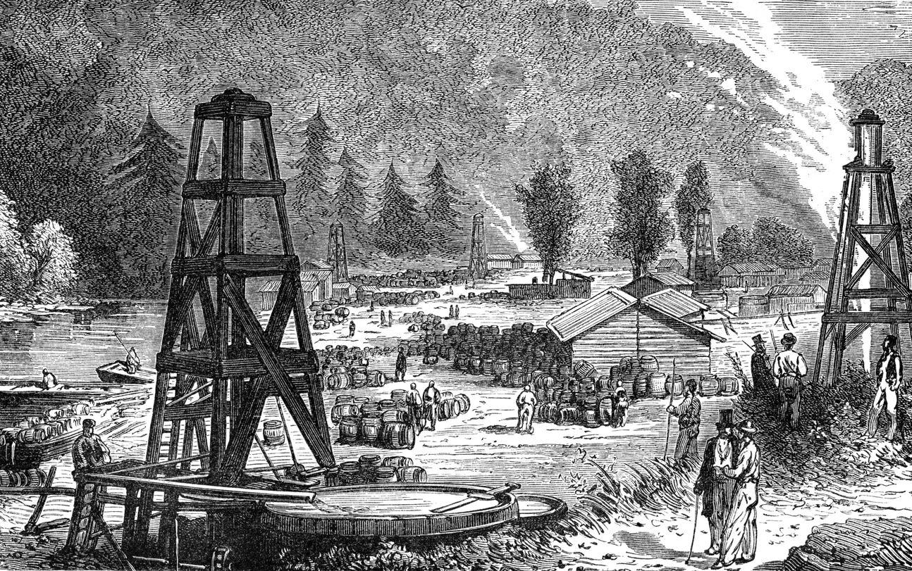 An oil well in nineteenth-century USA. Drilling rig in Pennsylvania