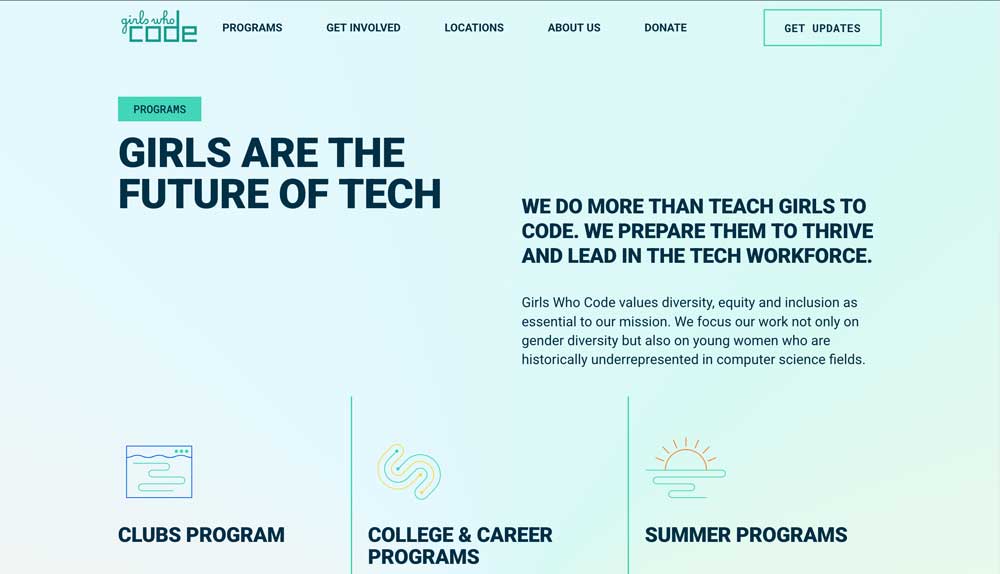 Screenshot of 'Girls Who Code' website bridging AI Skills Gap.